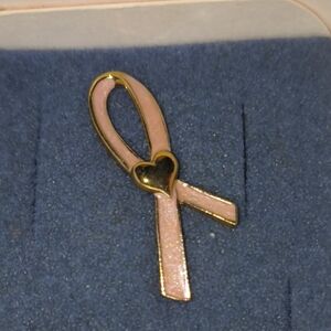 Avon Gold and Pink Heart Ribbon Brooch